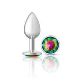 Cheeky Charms Silver Round Butt Plug With Rainbow Jewel - - Butt Plugs